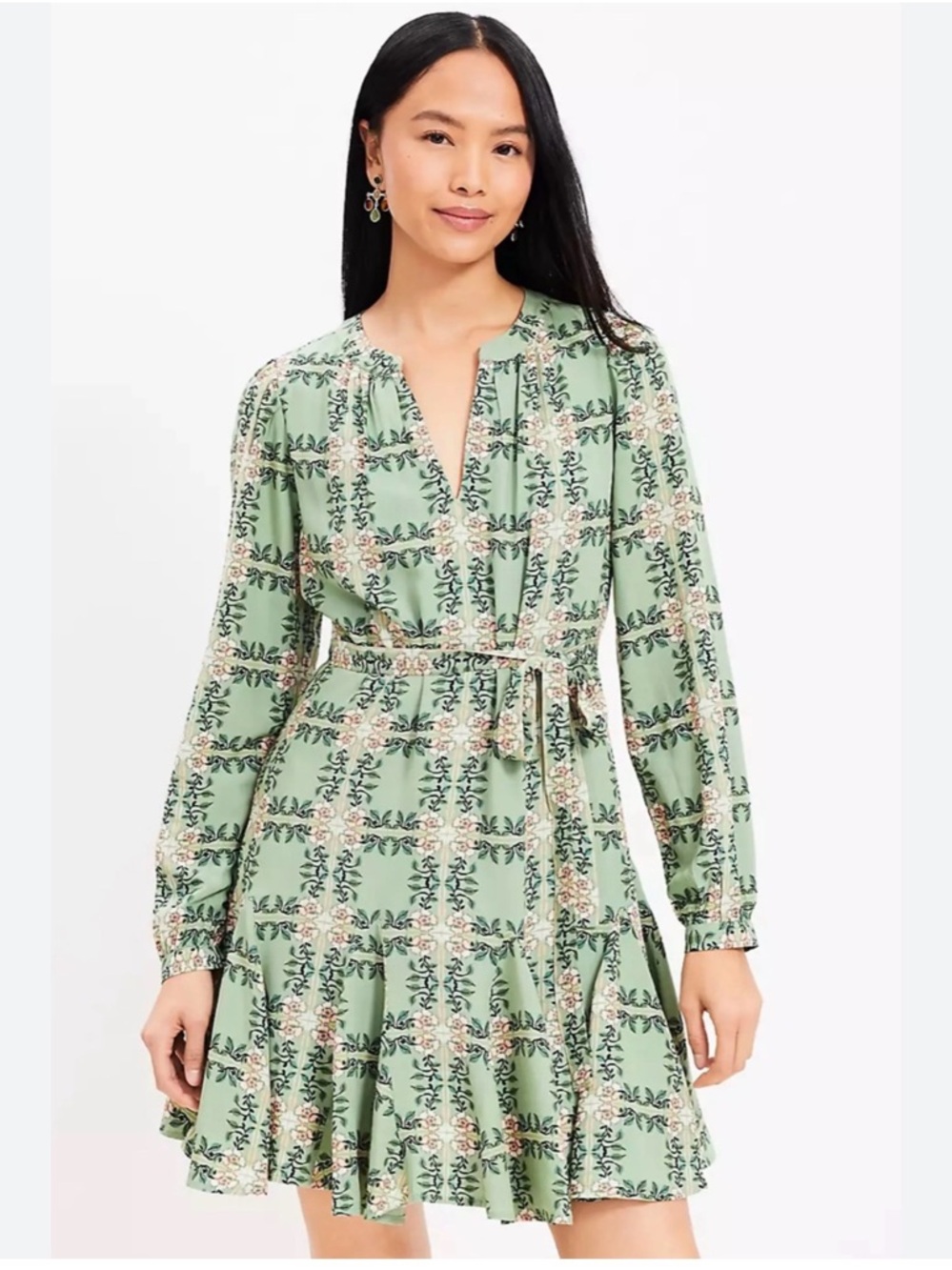 LOFT Tiled Vine Green Floral Belted Long-Sleeve Dress XL